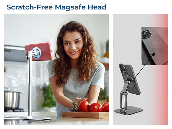Split image showing MagSafe-compatible phone holder: left shows kitchen use, right shows technical diagram of adjustable stand mechanism.