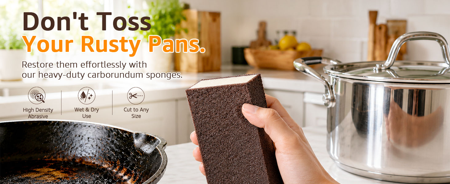 Rusty cast-iron pan, feature icons, and text Don't Toss Your Rusty Pans.