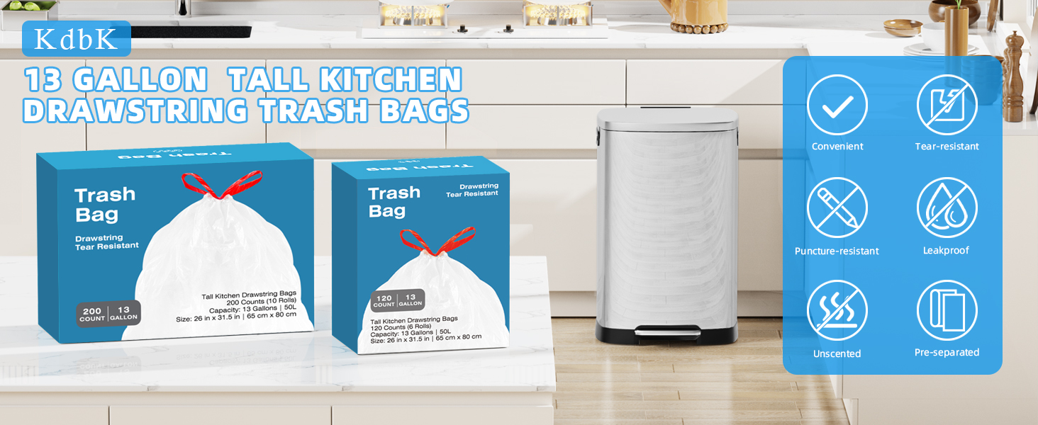 13 Gallon Kitchen Drawstring Trash Bags