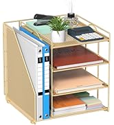 Becomrock Gold Desk Organizer, 4-Tier Metal Paper Organizer for Desk with Vertical File Holder, O...