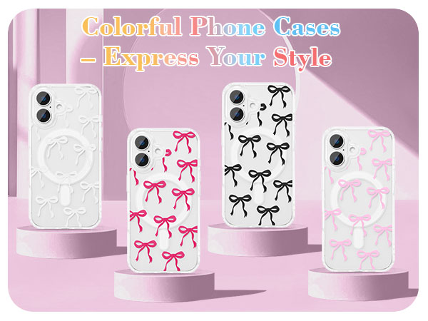 Text reads 'Colorful Phone Cases'. Display of phone cases featuring repeating animal print patterns in pink and white color schemes.