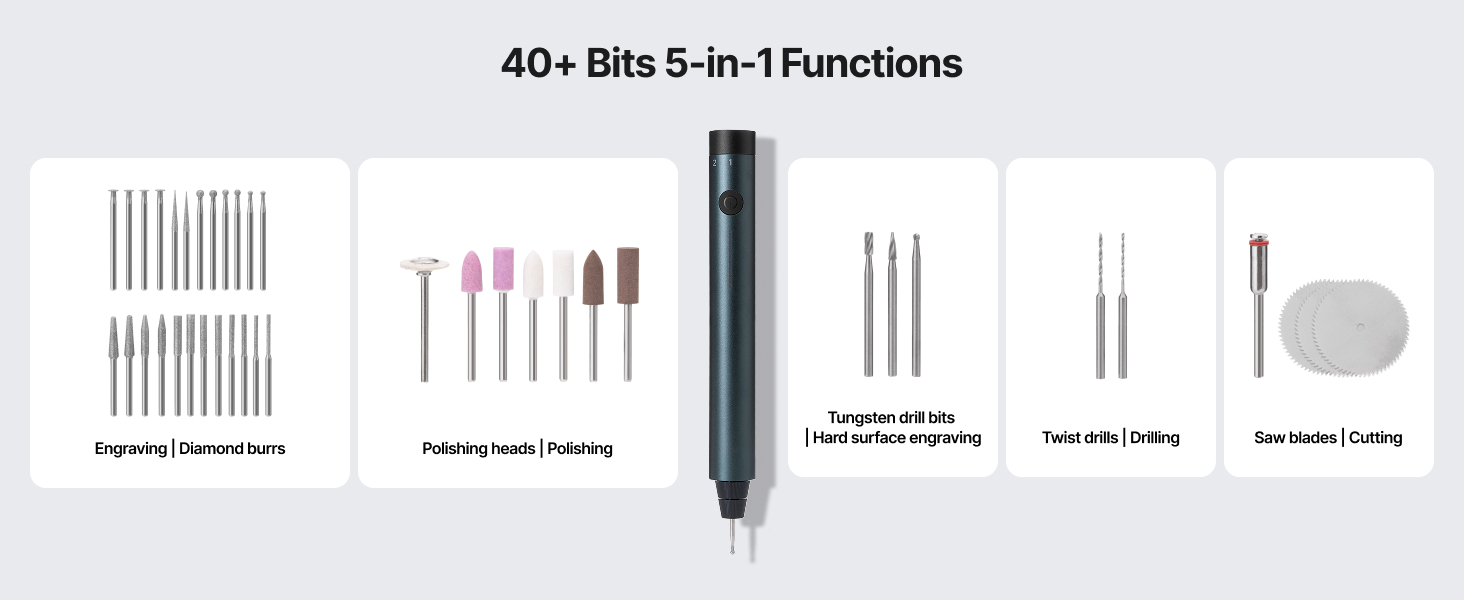 Flat-lay of the 42-in-1 accessory kit showing diamond burrs, tungsten bits, polishing heads, etc.