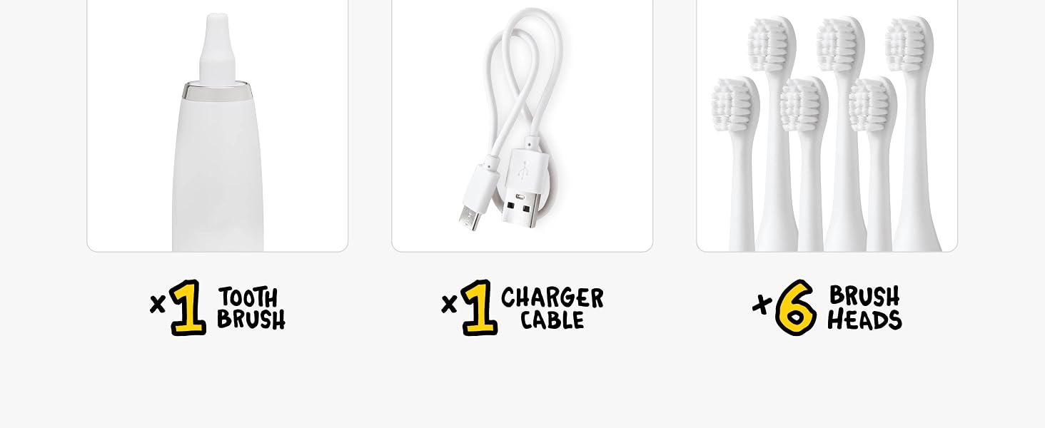 Tooth Brush, Charger Cable, Brush Heads