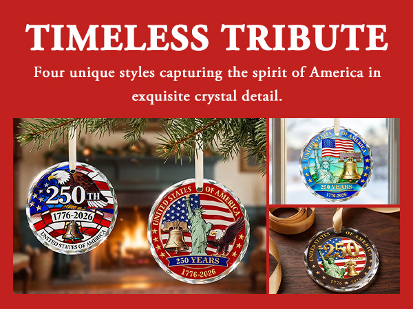 USA 250th anniversary ornament 1776-2026. Crystal glass America 250 decorations.