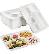 Hacaroa 50 Pack 5-Compartment Compostable Paper Plates, Natural Disposable Bagasse School Lunch T...