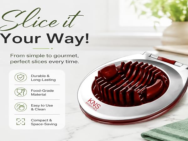 Heavy-duty egg slicer with durable stainless steel cutting wires for effortless food preparation.