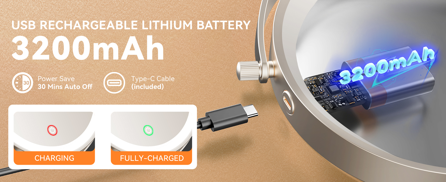 3200mAh built-in battery for long-lasting use with Type-C charging and auto power-off