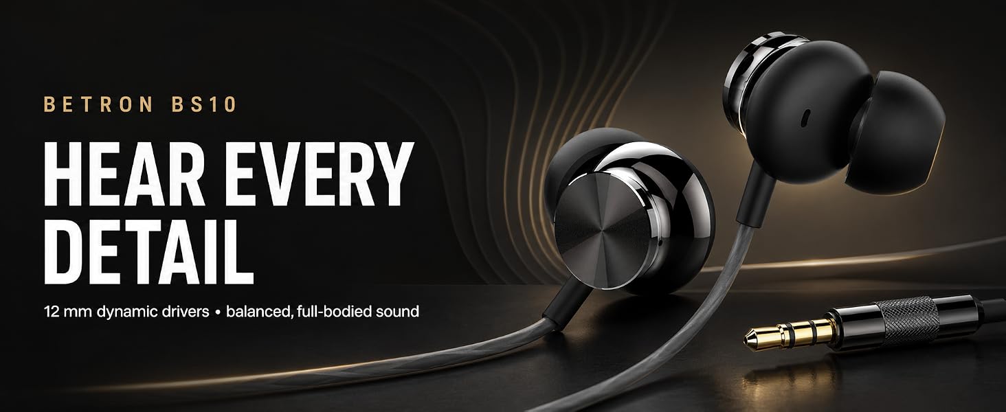 Betron BS10 wired in-ear headphones with 12mm dynamic drivers, 3.5mm plug and premium black finish