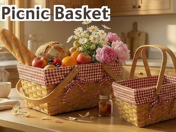 2 Sizes Picnic Basket, 16 in Woodchip Basket with Double Folding Handles