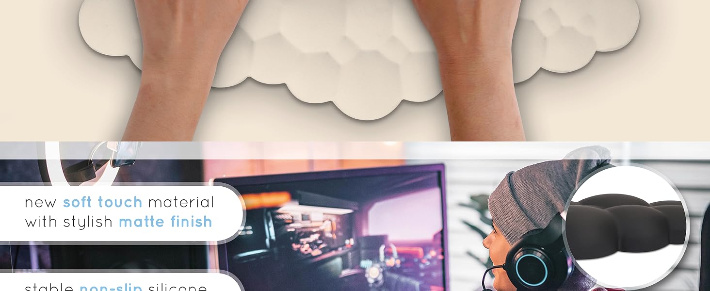 Two hands typing on keyboard with beige cloud wrist rest for computer keyboard