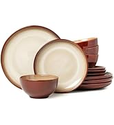 Pokini Stoneware Dinnerware Set Service for 4, 12 pcs Reactive Glaze Plates and Bowls Sets, Handm...