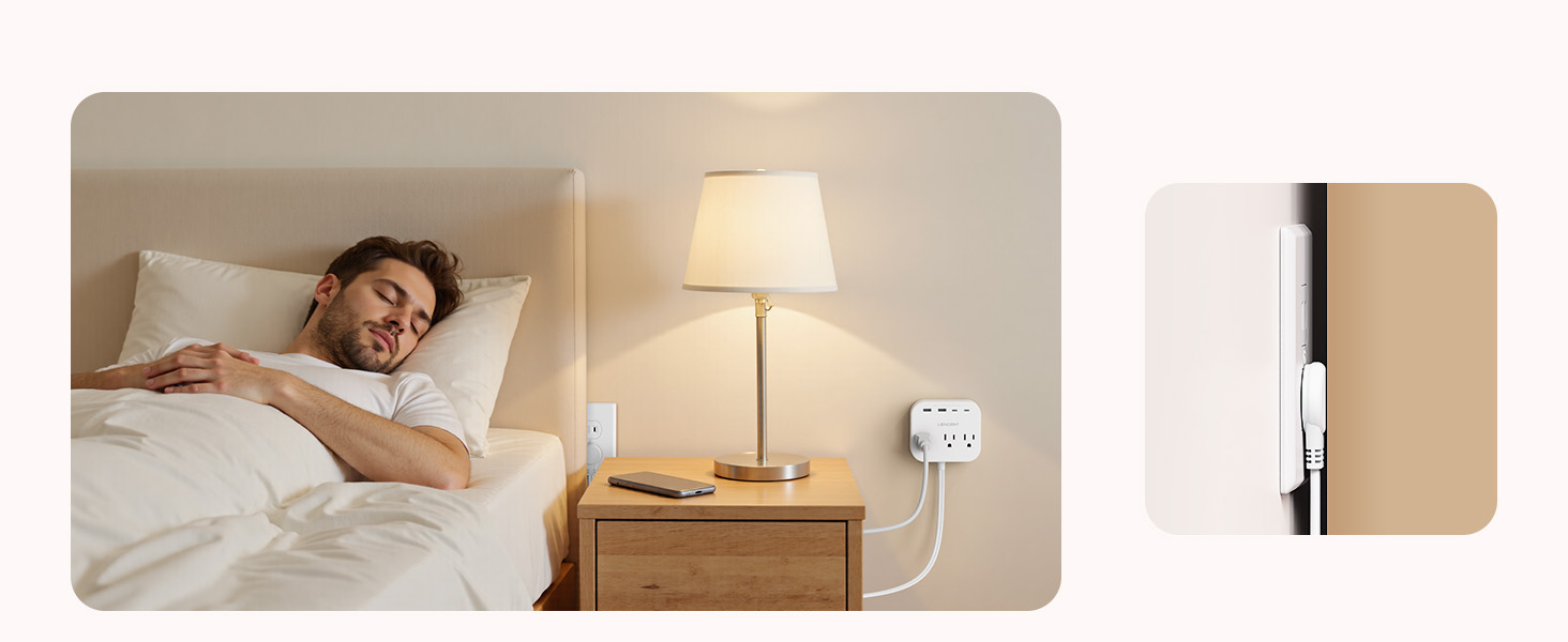 Flat plug easily access outlets hidden behind furniture