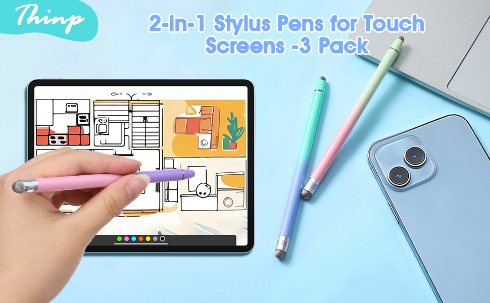 Text reads '2-in-1 Stylus Pens for Touch Screens - 3 Pack'. Images show metallic stylus pens being used on tablet screens for drawing and writing.