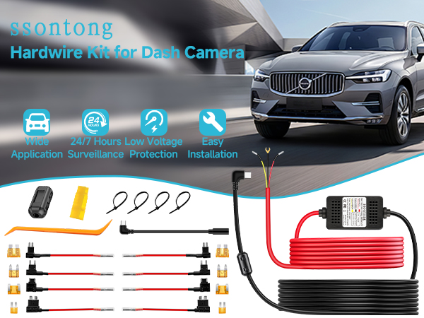Dash camera hardwire kit with various cables, fuses, and connectors. Includes 24-hour parking mode and easy installation features for vehicle surveillance.