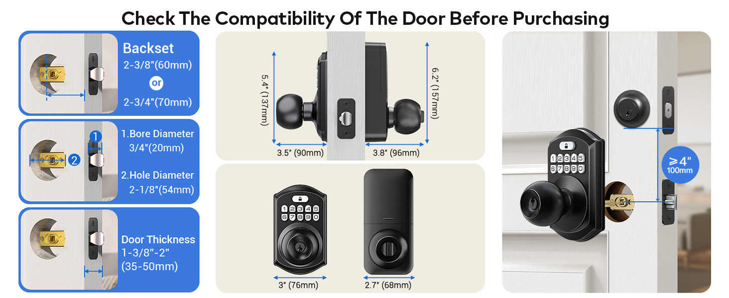 it fits doors with 54 mm door holes, 60/70 mm backset, and 35 or 50 mm door thickness