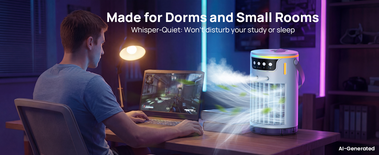 Whisper-quiet mini evaporative air cooler cooling a student gaming or studying in a dorm room
