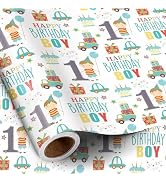 RUSPEPA Happy 1st Birthday Wrapping Paper Roll for Boys, Mini Roll, Blue Cute Boy, Gift, Car and ...
