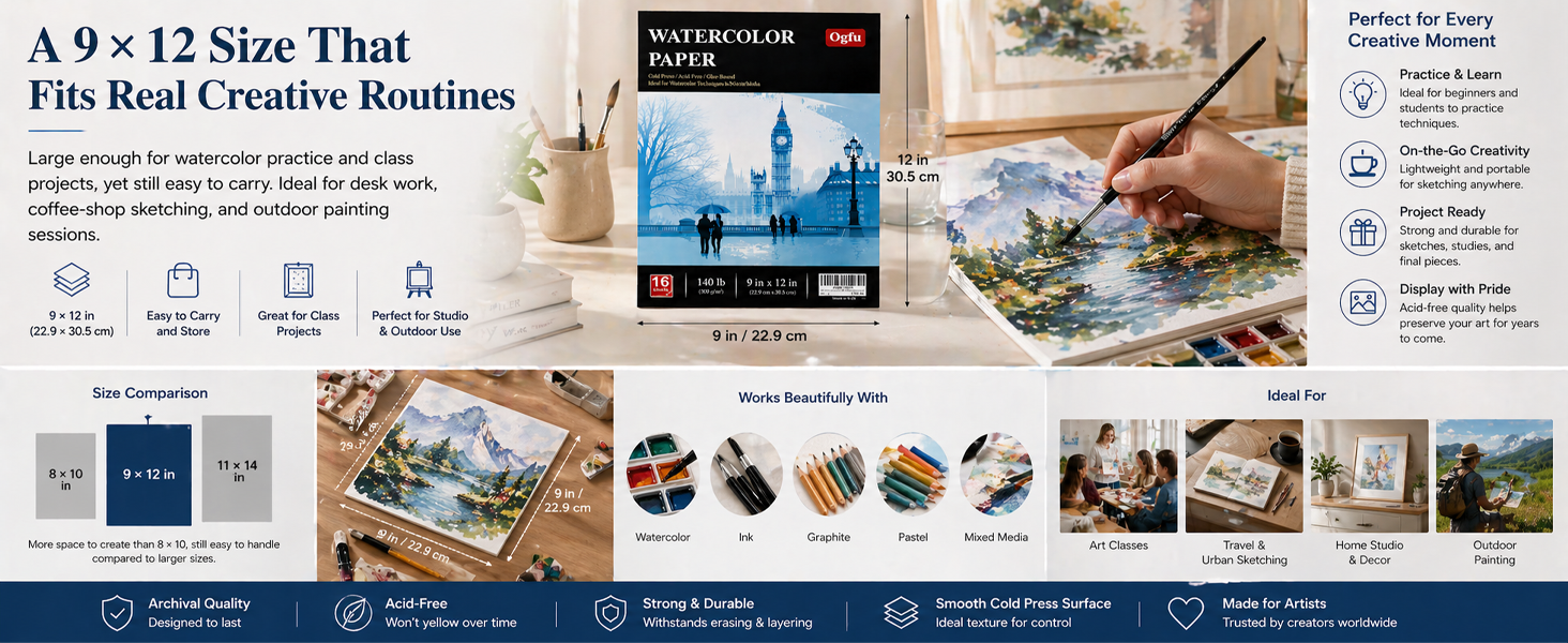 Watercolor Pad, Cold Press, 9x12 inches - Professional Art Paper for Watercolor Gouache Ink Acrylic