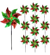 10 Pieces 21 Inches Red and Green Reflective Pinwheels with Stakes, Windmill Wind Spinners for Ou...