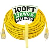 POWGRN 100 ft 12/3 Outdoor Extension Cord Waterproof Heavy Duty with Lighted Indicator End 12 Gau...