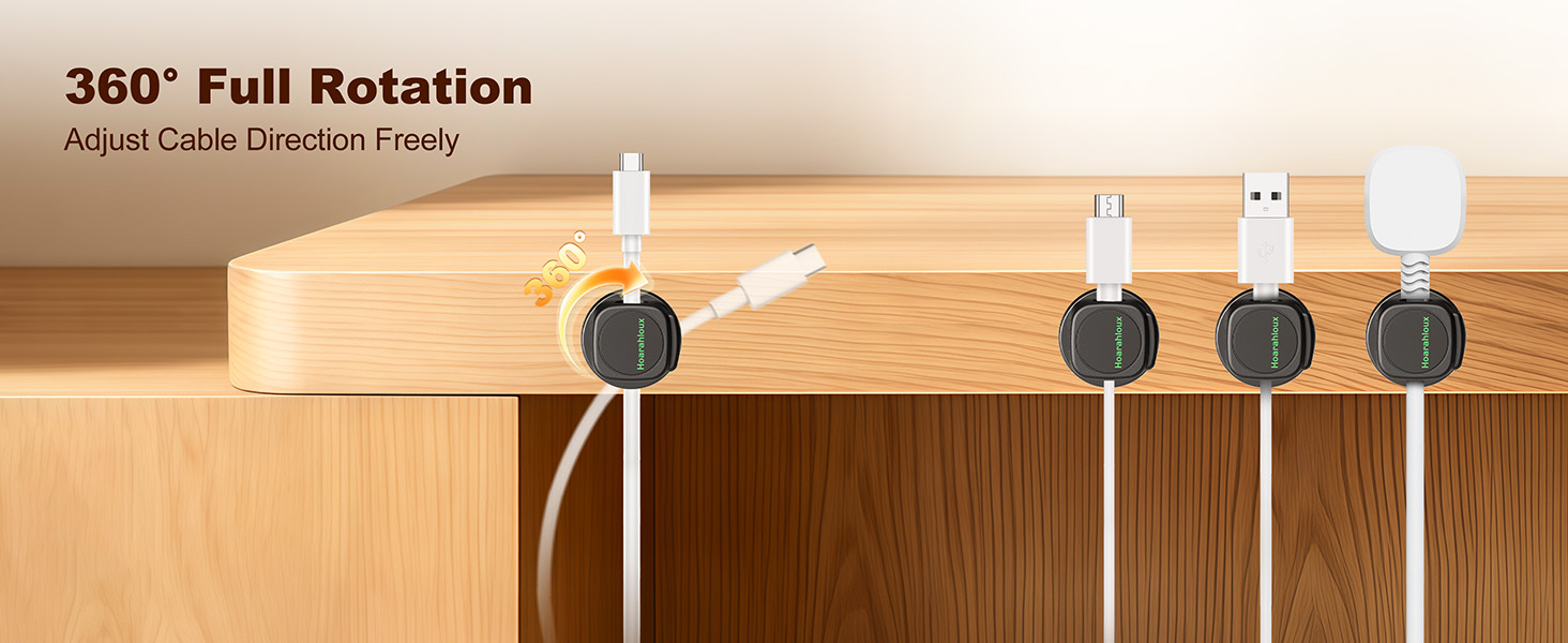 360 degree rotating cable clip, freely adjust direction for all charging & data cords