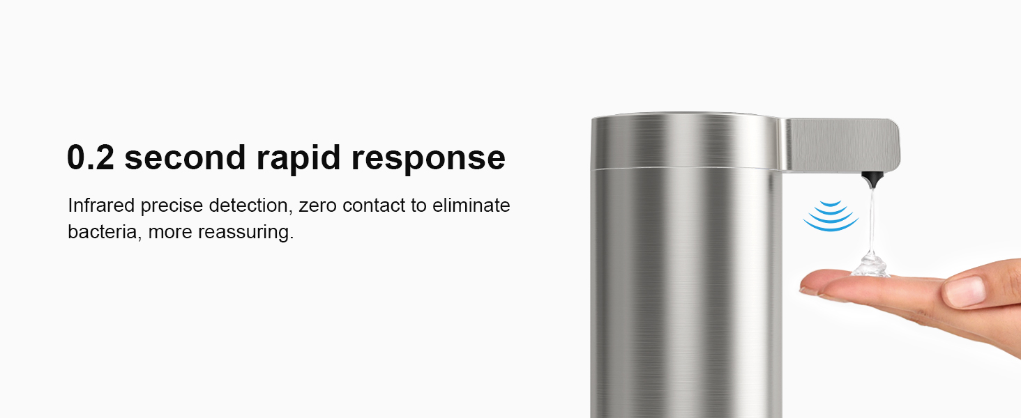 Touchless soap dispenser with fast 0.2 second sensor, quick response and more hygienic.