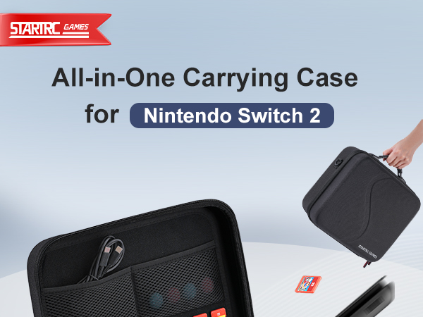 Text reads 'All-in-One Carrying Case for Nintendo Switch'. Black protective case shown from multiple angles with padded interior compartments.