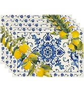Artoid Mode Lemon Blue and White Porcelain Summer Placemats Set of 4, 12x18 Inch Vanilla Holiday ...