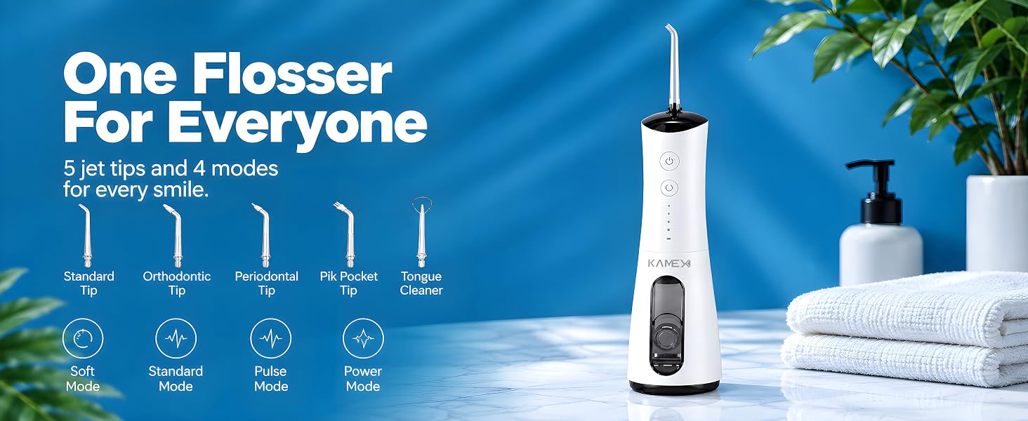 A white KAMEX Cordless Water Flosser featuring 5 interchangeable jet tips and four operating modes.