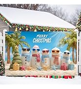 71x43 Inch Merry Christmas Banner Outdoor Decoration – Tropical Beach Theme Holiday Backdrop with...