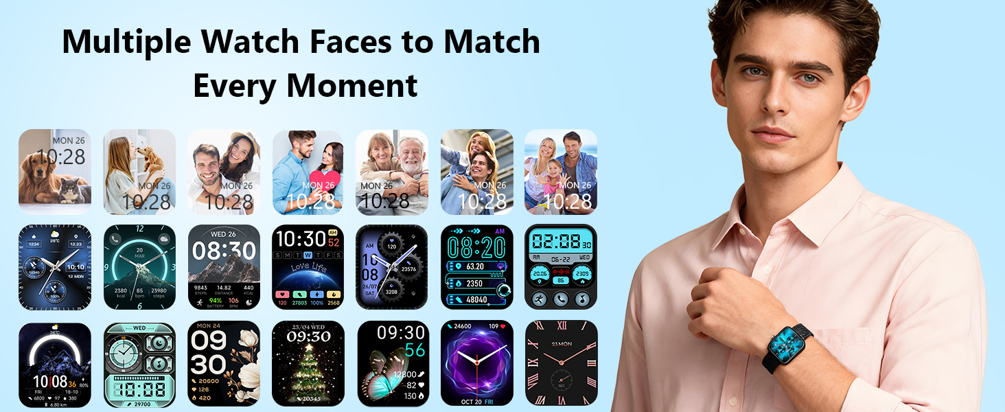 Text reads 'Multiple Watch Faces to Match Every Moment'. Display of eight different digital watch face designs showing various styles and color schemes on smartwatch screens.