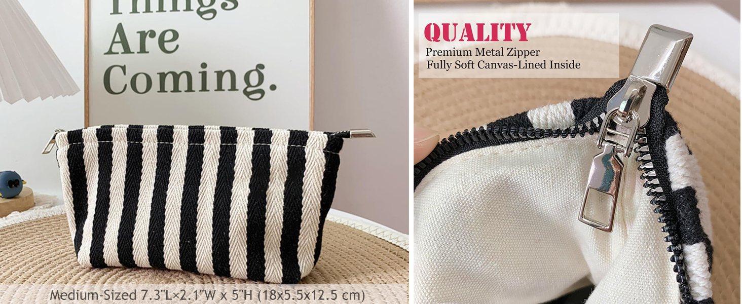 vintage black white stripe medium makeup bag, striped woven thick fabric, canvas lined, small pouch