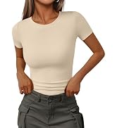 Trendy Queen Womens Short Sleeve Shirts Crewneck Ribbed Knit Slim Fitted T-Shirt Summer Basic Tee...
