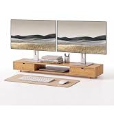 ROCDEER Bamboo Dual Monitor Stand, Natural Desk Shelf with 2 Drawers | 39.3 inch Monitor Riser wi...