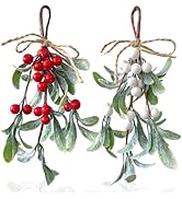 2 Pack Artificial Mistletoe Hanging Ornaments, 9 Inches Length, Red and White Berries, Christmas ...