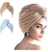 AGKXHDEC 2 Packs Single Layer Microfiber Hair Turbans - Drying Wrap for Women (Blue, Brown)