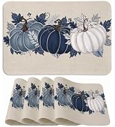 Artoid Mode Navy Blue Pumpkins Fall Faux Leather Placemats Set of 4, 12x18 Inch Autumn Waterproof...