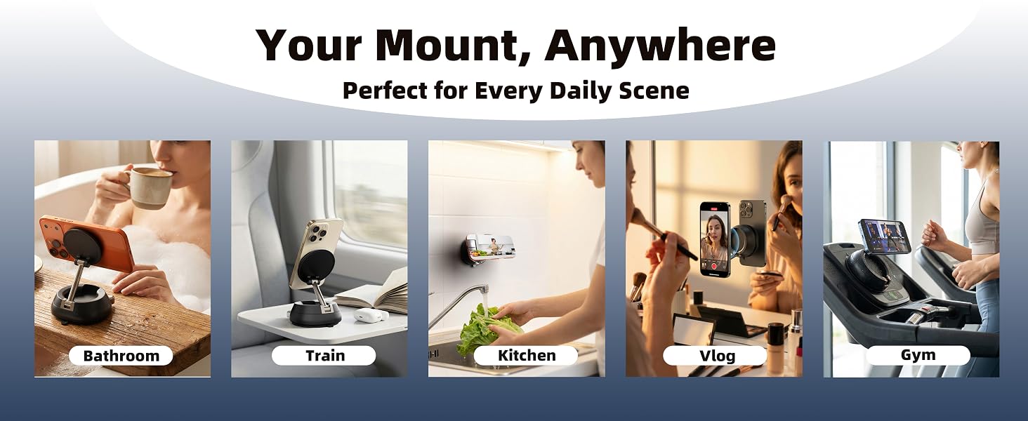 Versatile shower phone mount and gym mirror phone holder. Perfect for home and travel.