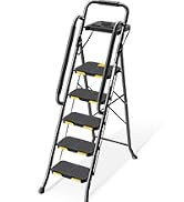 Black folding step ladder with five wide non-slip steps and handrails, designed for household use. Features a sturdy metal frame construction.