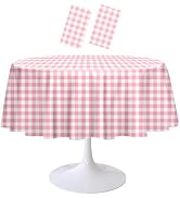 RINDOJIN 2 Pack Pink Gingham Tablecloth Round 84 x 84 Inch Round Plastic Checkered Table Cloth Di...