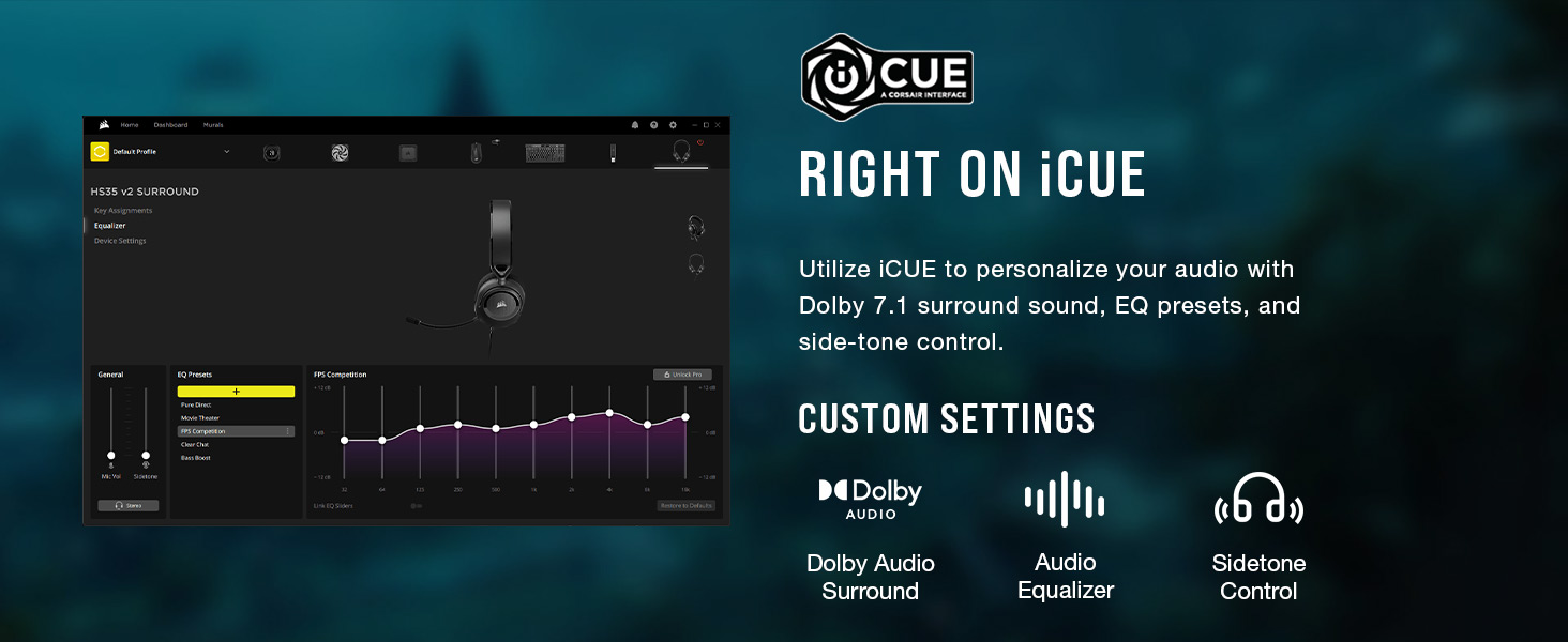 iCUE, Dolby 7.1 surround sound, Dolby Audio Headset, gaming headset