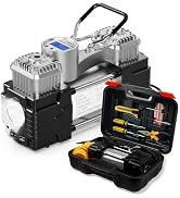 MESHUBA Dual Cylinder Tire Inflator Air Compressor with Tire Repair Kit and Toolbox Portable Air ...