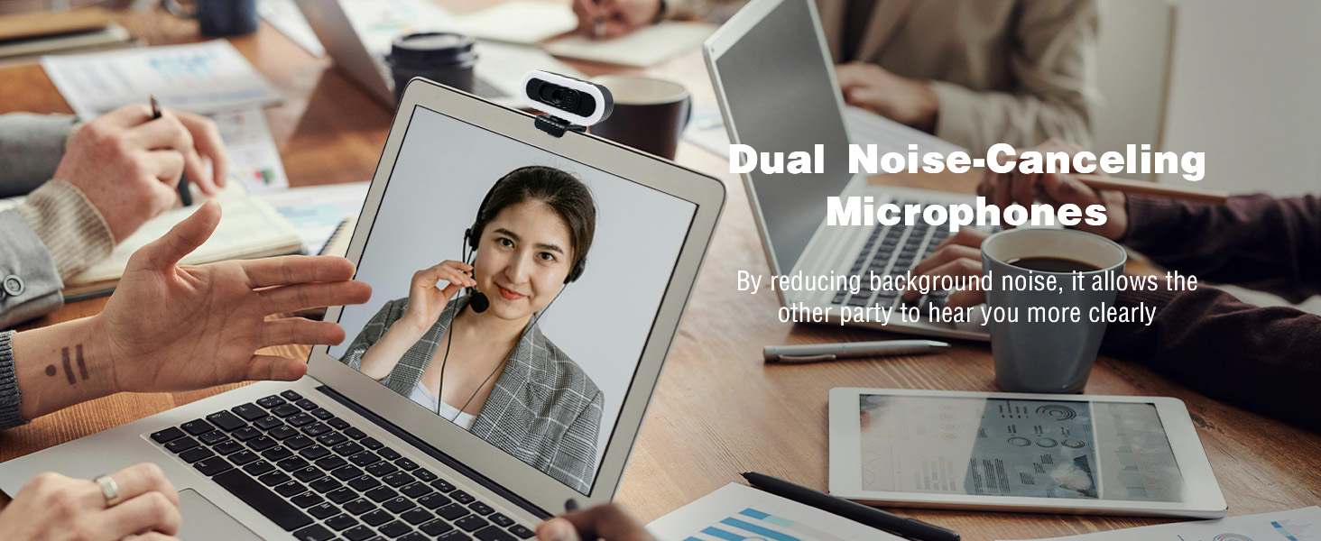 Svcouok W4 webcam Dual mics cut noise for clear office calls. Webcam captures focused video