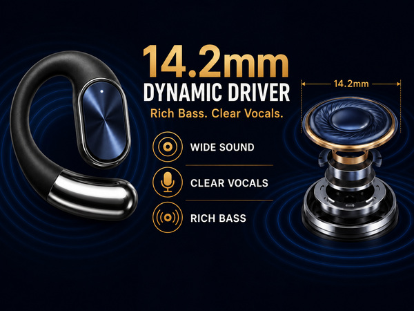 Open-ear earbud with 14.2mm dynamic driver for rich bass and clear vocals.