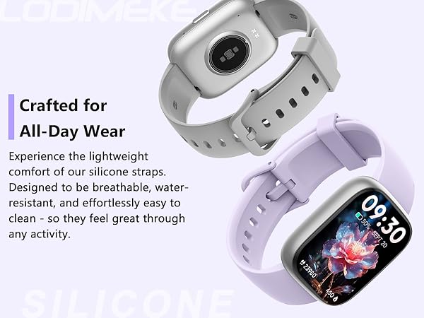 Text reads: 'Crafted for All-Day Wear'. Product shots showing gray smartwatch or fitness device from multiple angles.