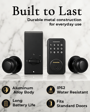 Smart door lock with keypad, showing durable build and keyless entry