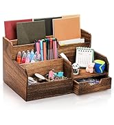 Pumtus Brown Wooden Mail Organizer, Desk Organizer with 7 Compartments and Drawer, Rustic Mail So...