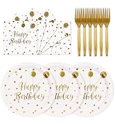 PUEVENYI 75PCS Happy Birthday Paper Plates - 7 Inch White Gold Dot Paper Plates and 6.5 Inch Napk...