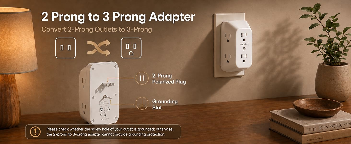 WRXDMC 2 Prong to 3 Prong Outlet Adapter, Multi Plug Outlet Extender, 1875W