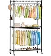 ENJOYBASICS Heavy Duty Metal Clothes Rack with Lockable Wheels, 3-Tier Adjustable Garment Clothin...